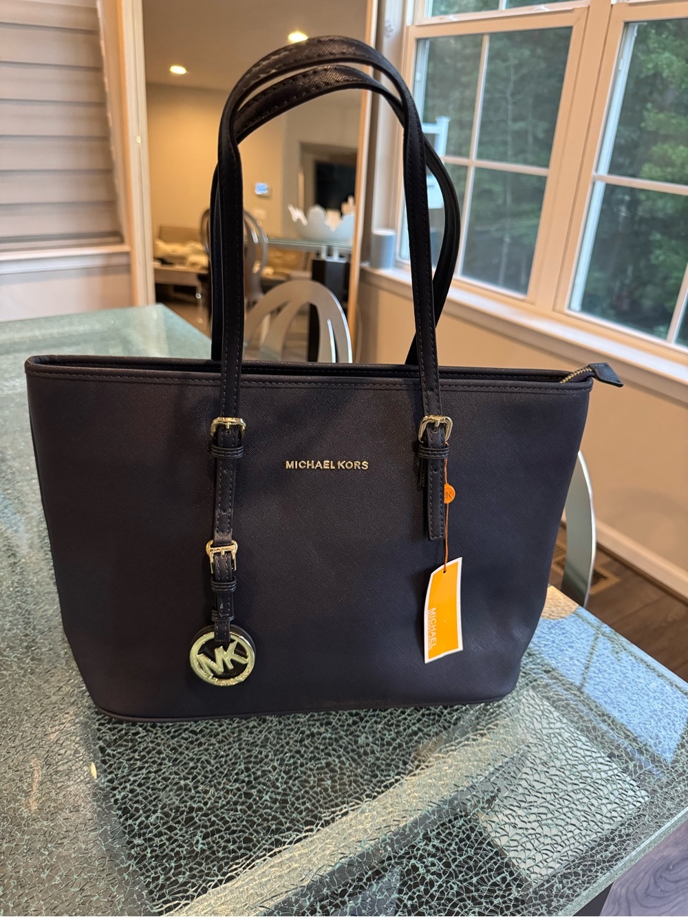 Michael Kors Navy Saffiano Leather Tote with Gold Accents